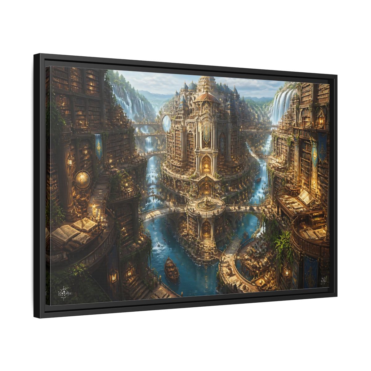 Side Mockup 14. Riverside Grand Library shown as framed canvas print