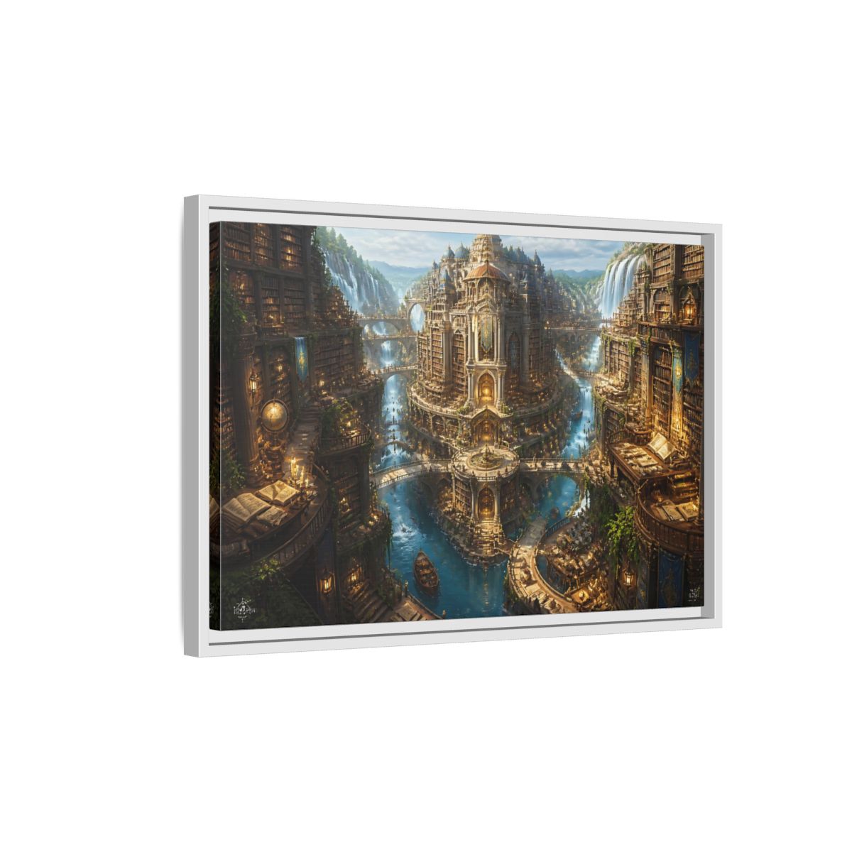 Side Mockup 1. Riverside Grand Library shown as framed canvas print