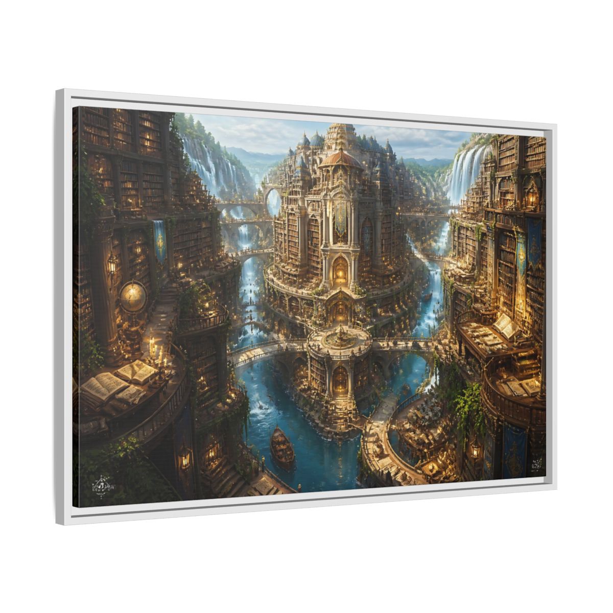 Side Mockup 9. Riverside Grand Library shown as framed canvas print