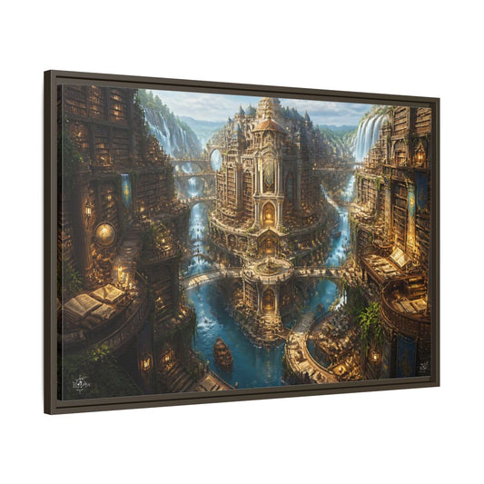 Main Mockup. Riverside Grand Library shown as framed canvas print