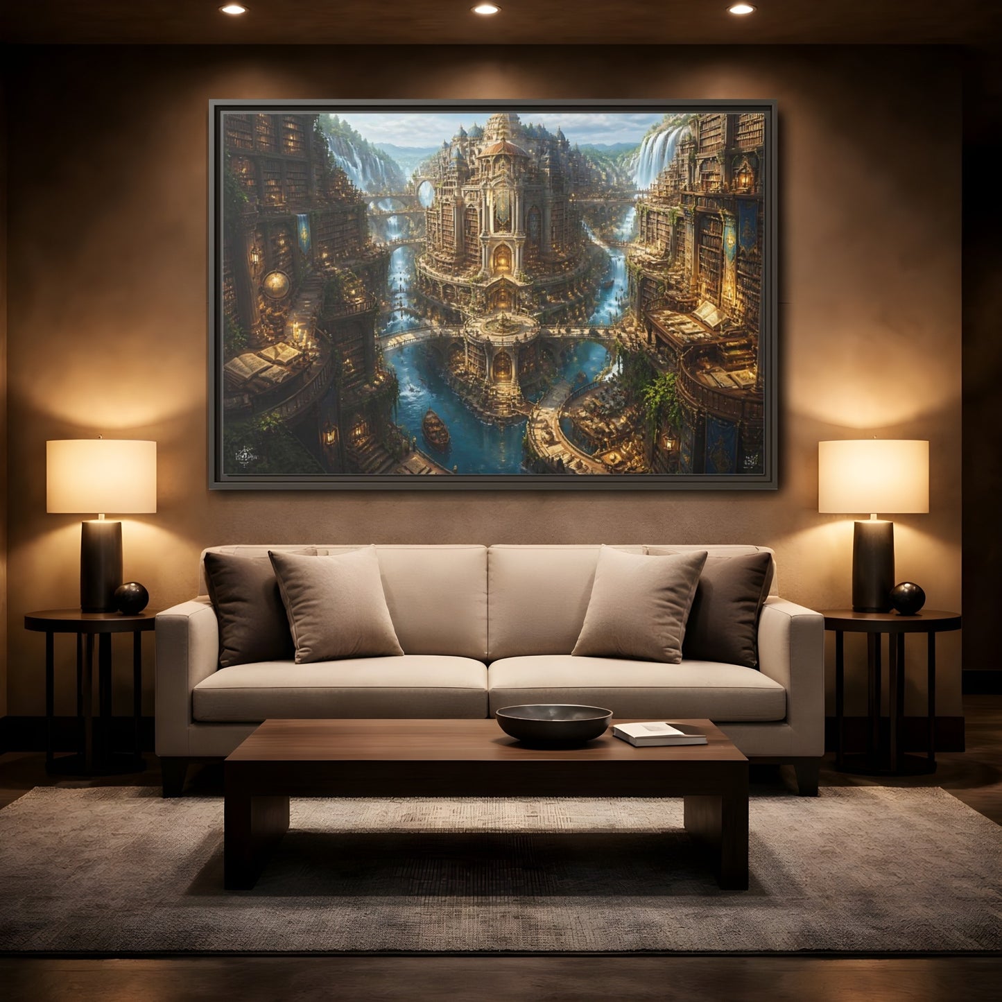 Mockup 2. Riverside Grand Library shown as framed canvas print