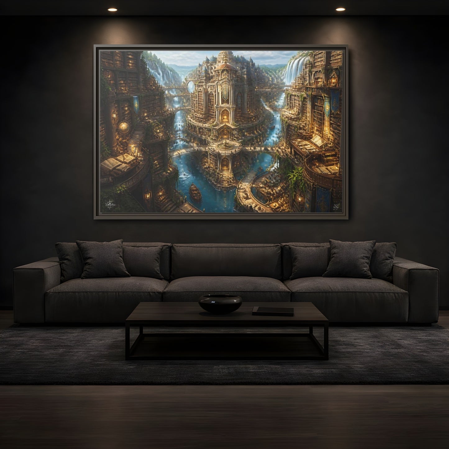 Mockup 3. Riverside Grand Library shown as framed canvas print