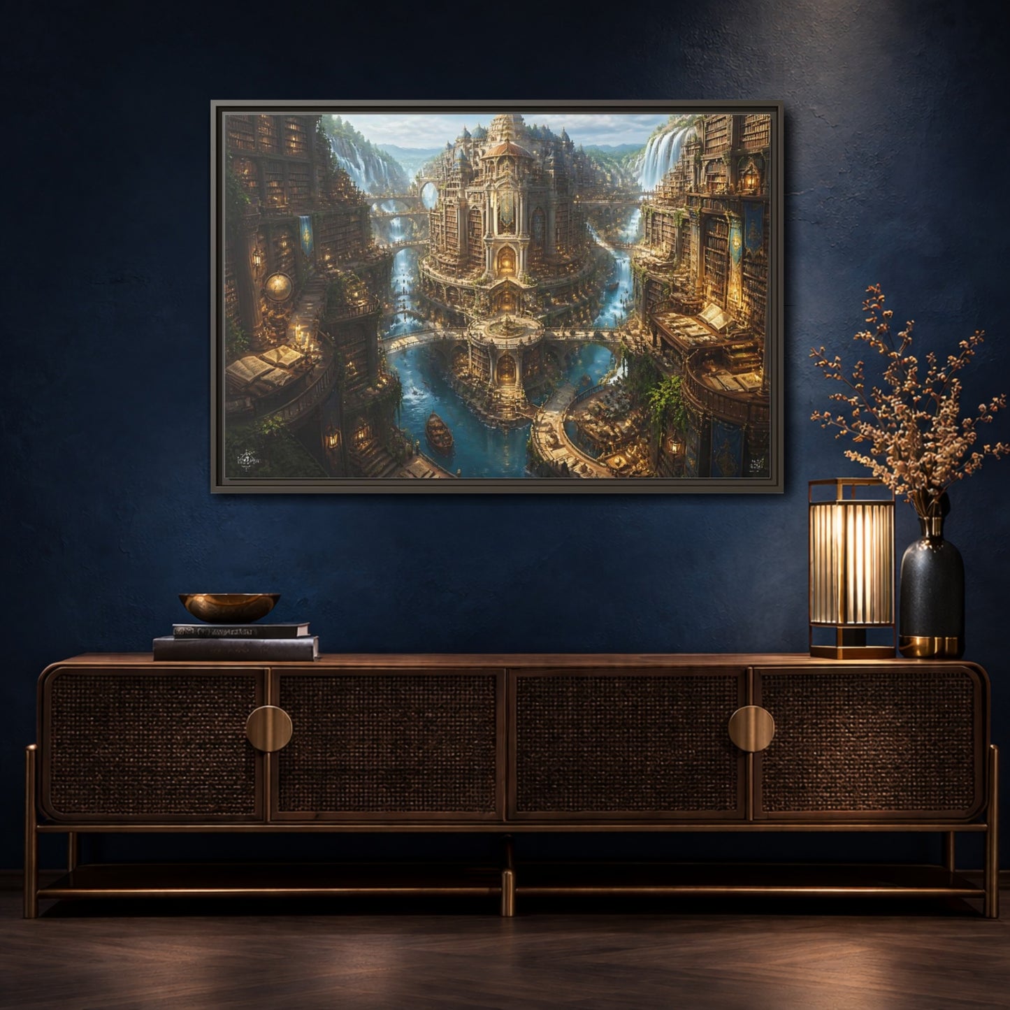Mockup 4. Riverside Grand Library shown as framed canvas print