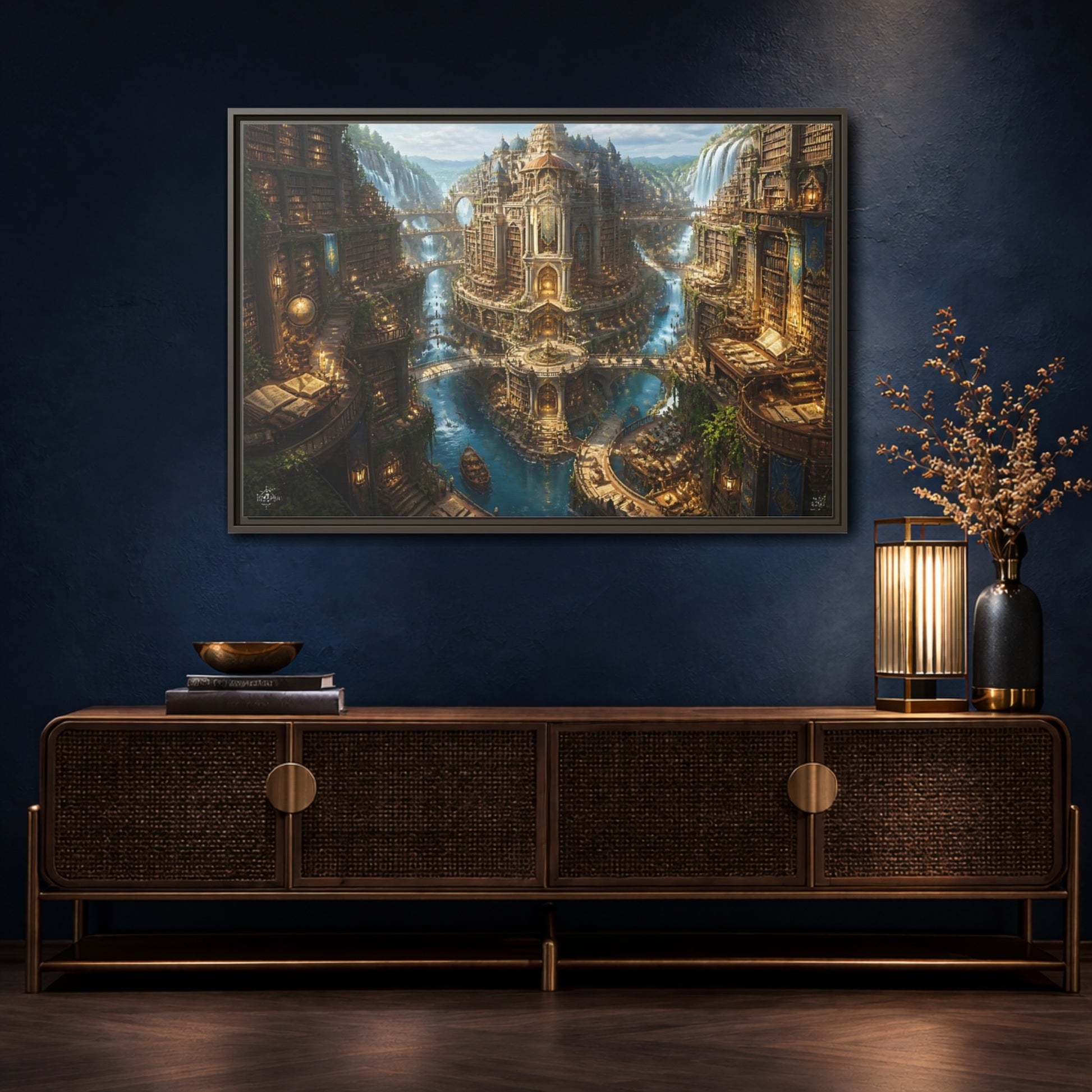 Mockup 4. Riverside Grand Library shown as framed canvas print
