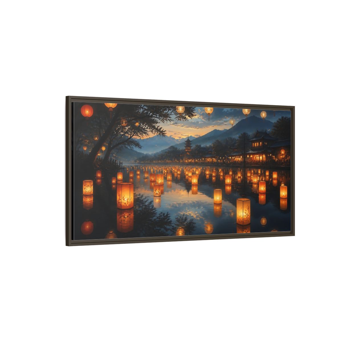 Side Mockup 4. Riverside Lantern Festival shown as framed canvas print