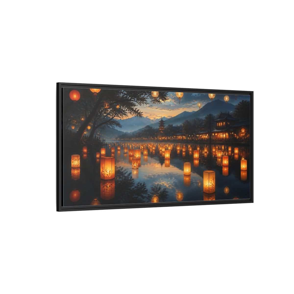 Side Mockup 5. Riverside Lantern Festival shown as framed canvas print