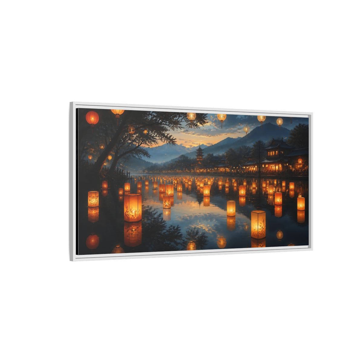 Side Mockup 3. Riverside Lantern Festival shown as framed canvas print