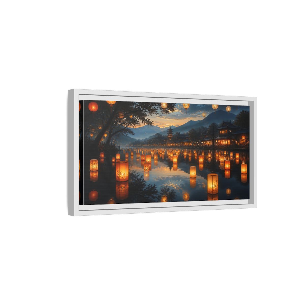 Side Mockup 6. Riverside Lantern Festival shown as framed canvas print