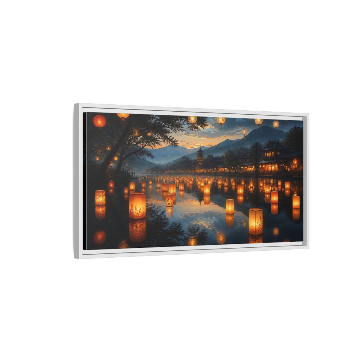 Side Mockup 1. Riverside Lantern Festival shown as framed canvas print