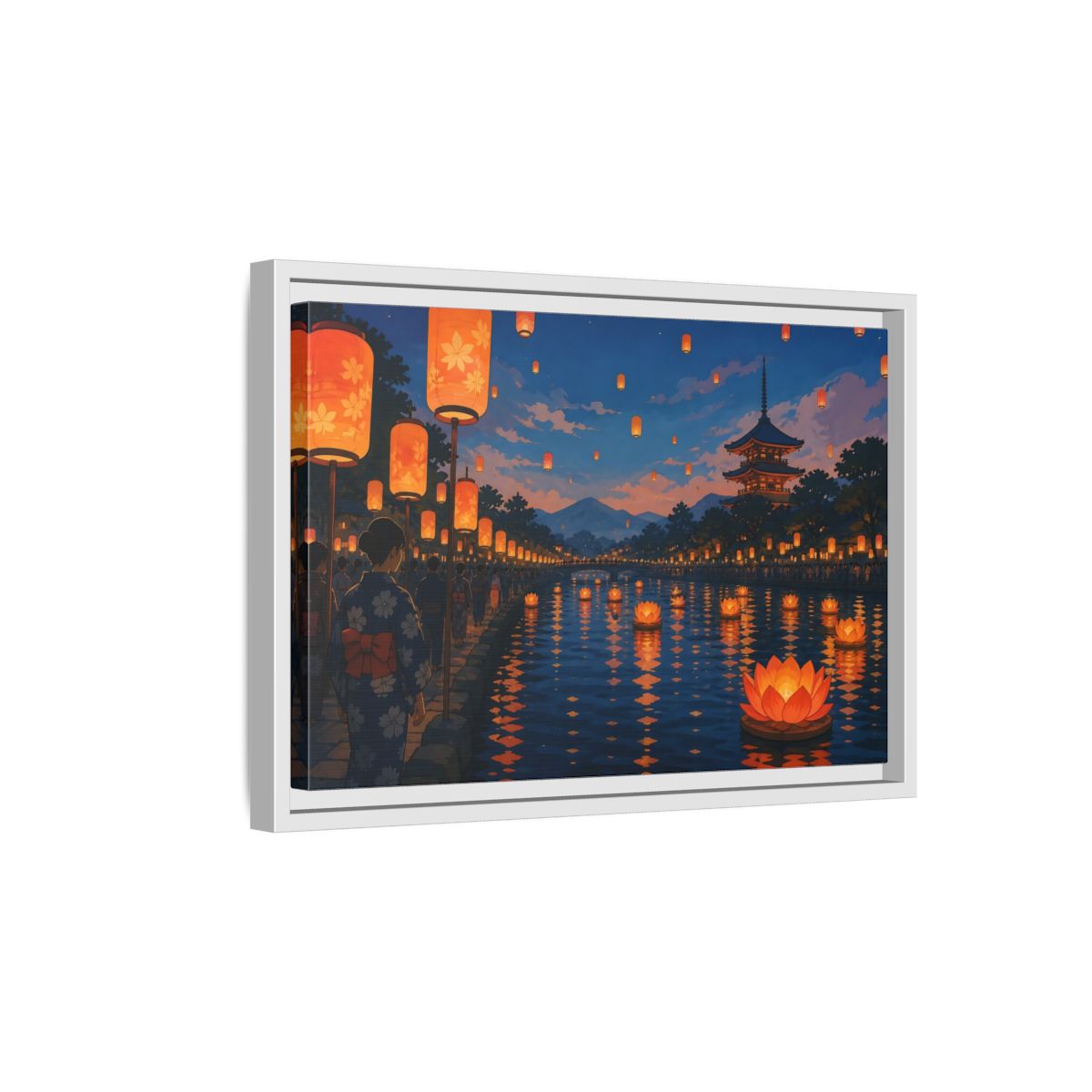 Side Mockup 4. Riverside Lantern Festival shown as framed canvas print