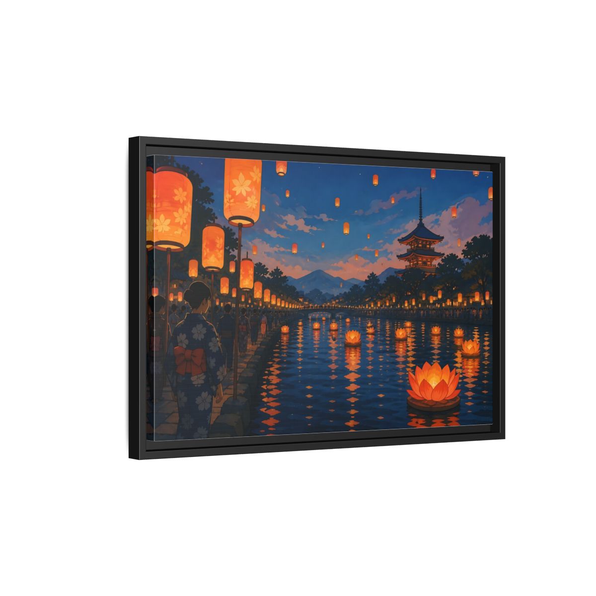Side Mockup 3. Riverside Lantern Festival shown as framed canvas print