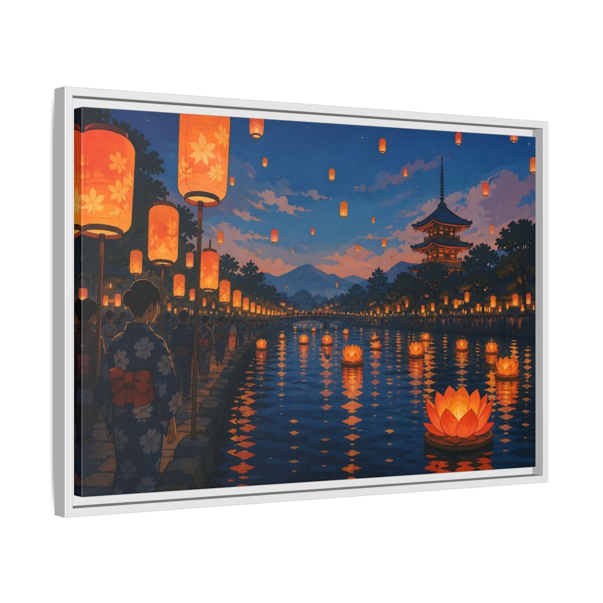 Side Mockup 10. Riverside Lantern Festival shown as framed canvas print
