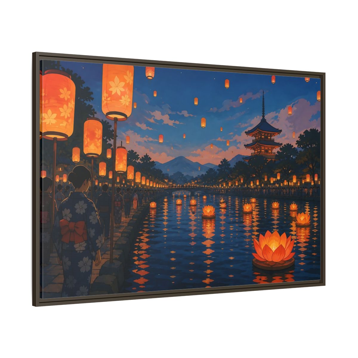 Side Mockup 8. Riverside Lantern Festival shown as framed canvas print