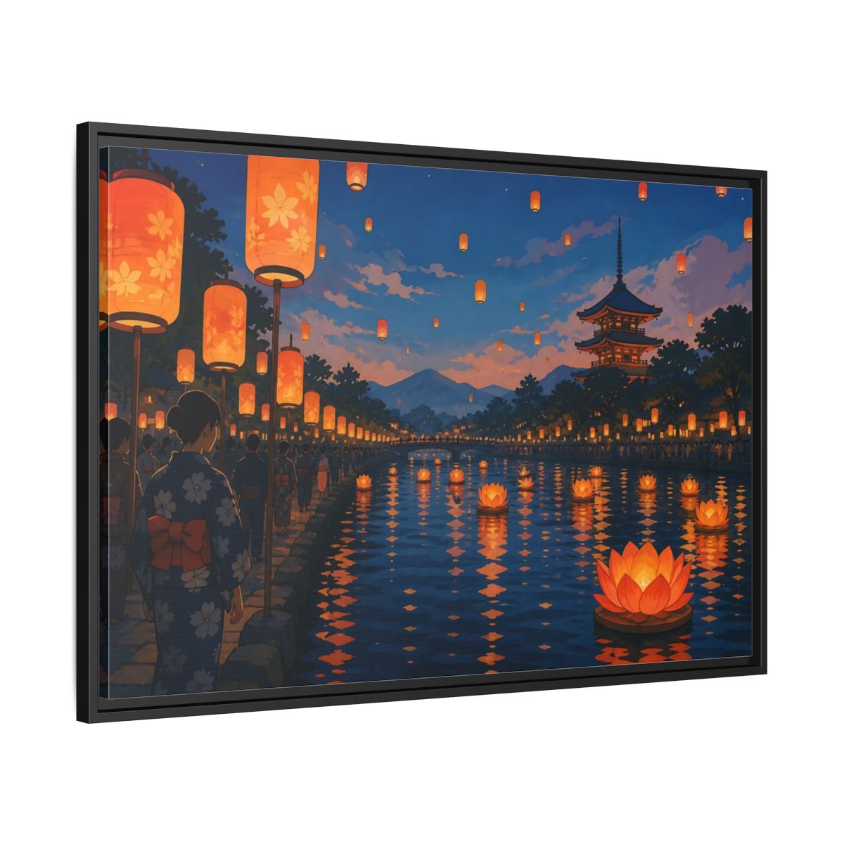 Side Mockup 13. Riverside Lantern Festival shown as framed canvas print