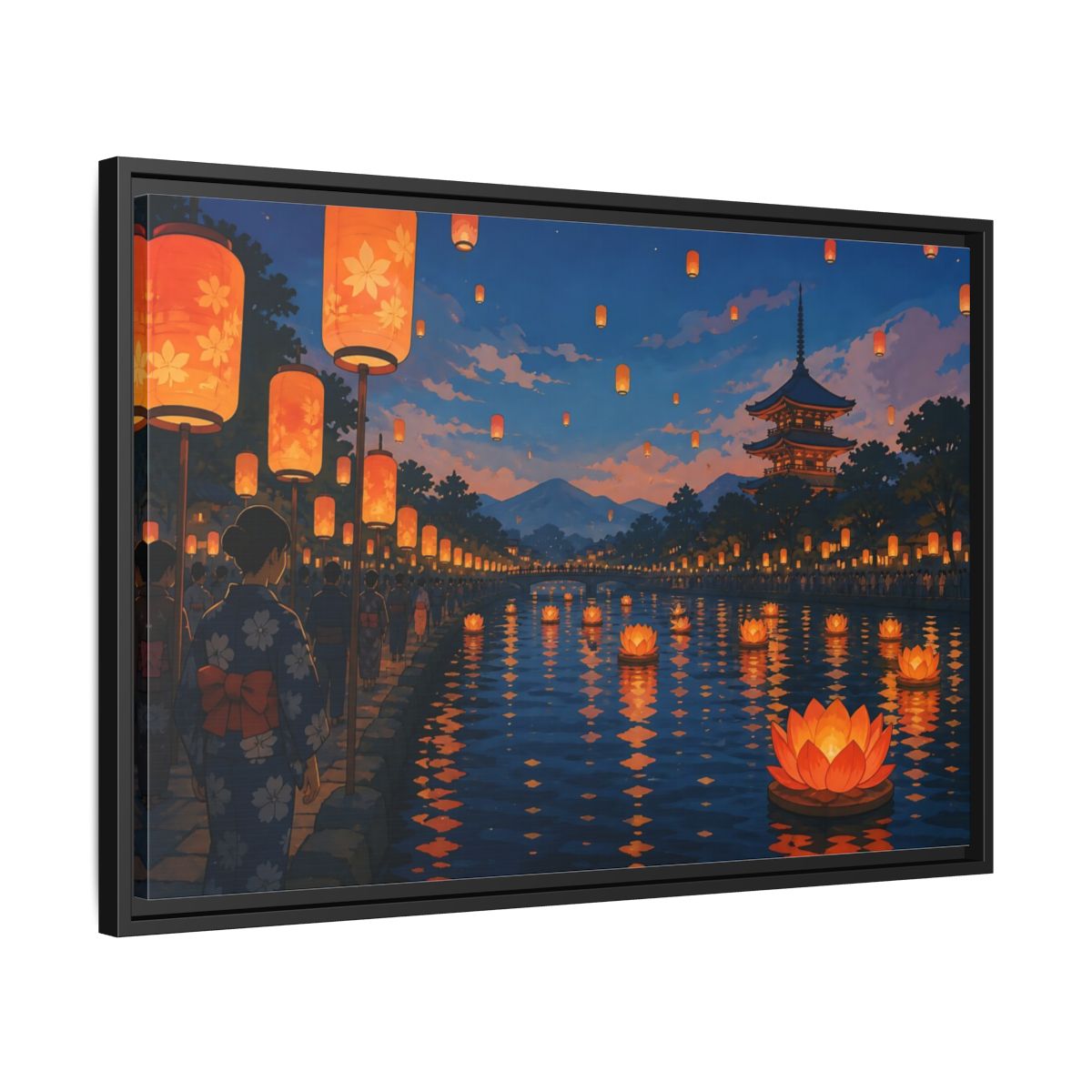 Side Mockup 14. Riverside Lantern Festival shown as framed canvas print