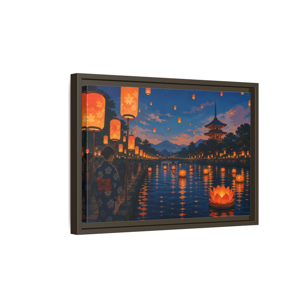 Side Mockup 5. Riverside Lantern Festival shown as framed canvas print