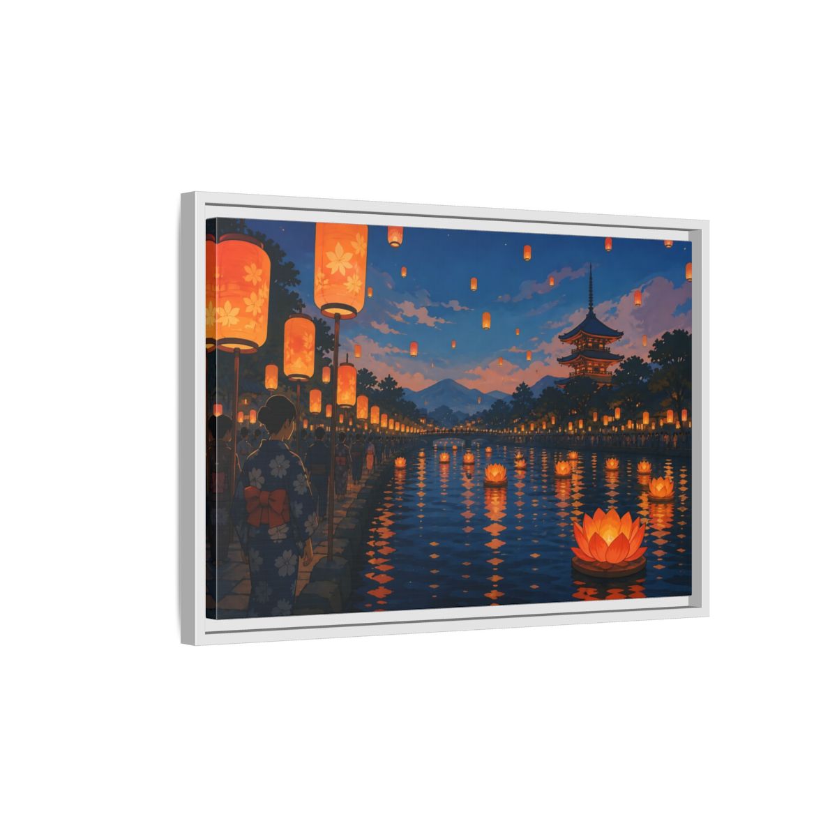 Side Mockup 1. Riverside Lantern Festival shown as framed canvas print