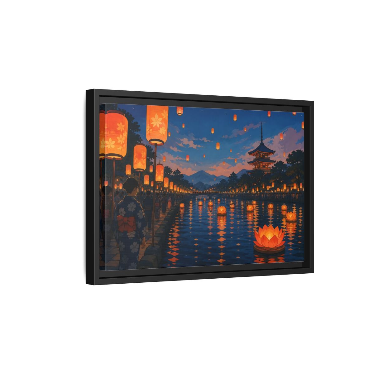 Side Mockup 6. Riverside Lantern Festival shown as framed canvas print
