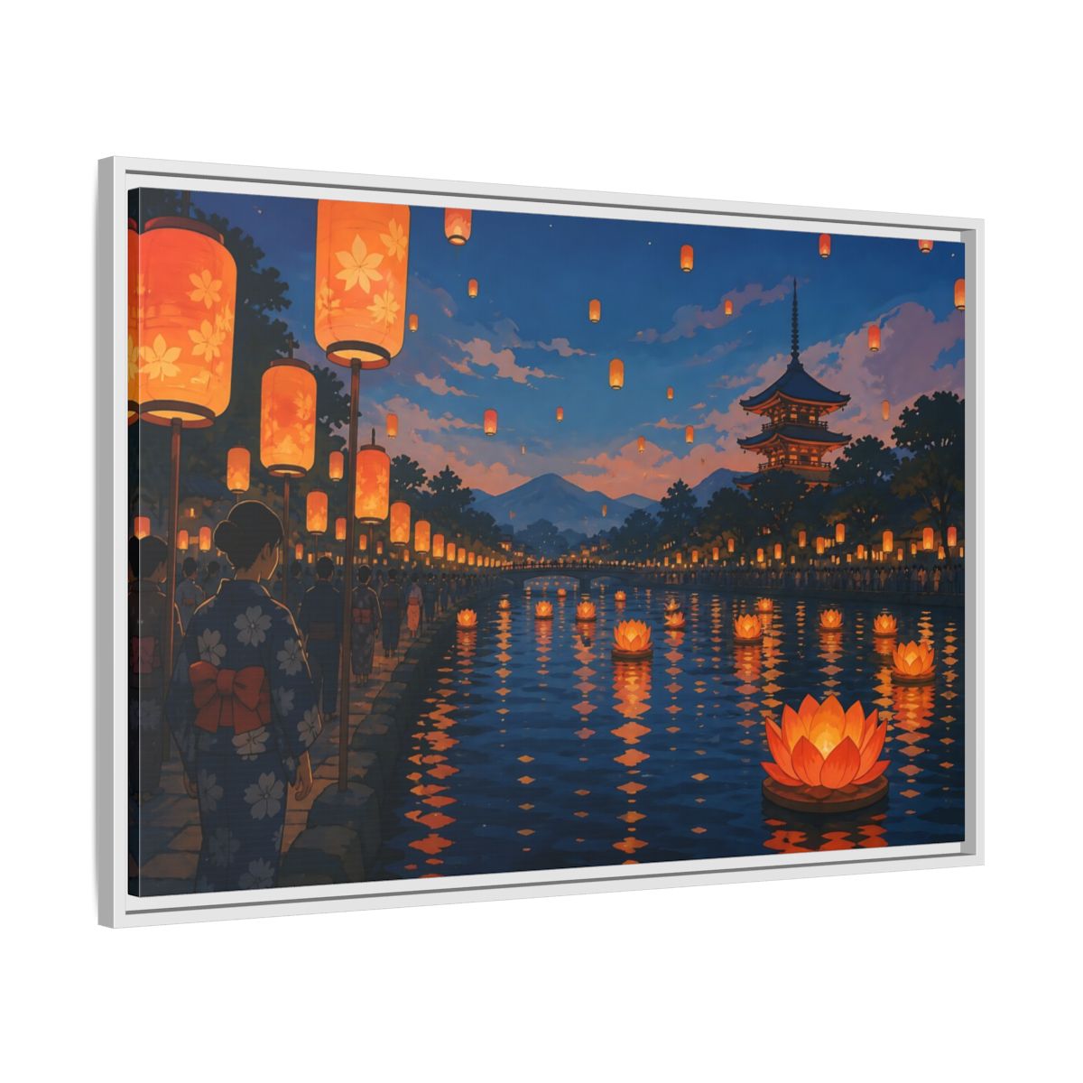 Side Mockup 9. Riverside Lantern Festival shown as framed canvas print