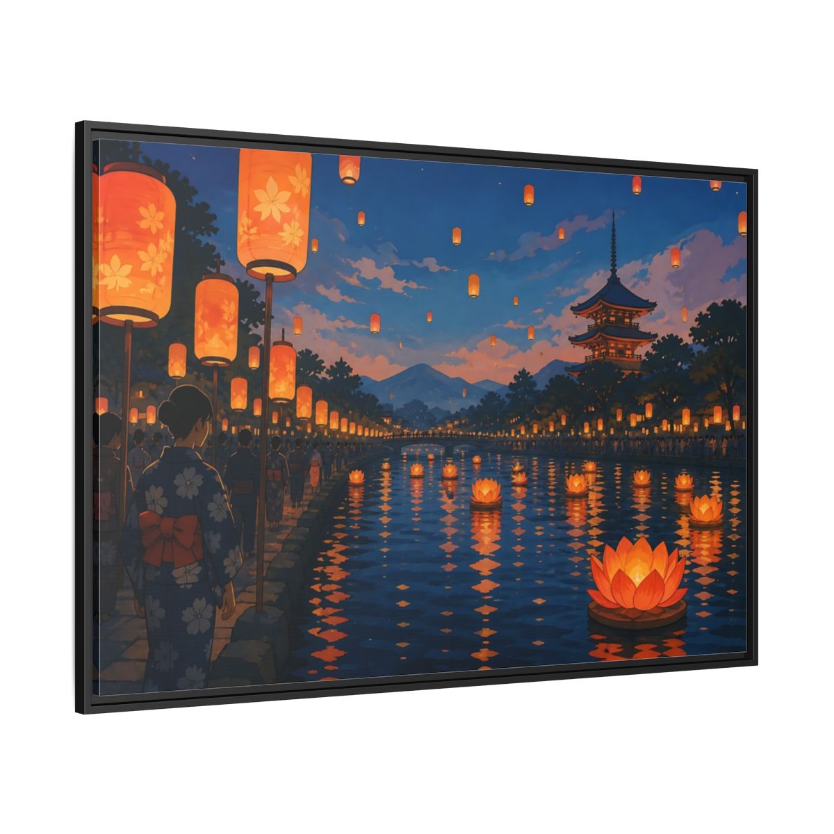Side Mockup 12. Riverside Lantern Festival shown as framed canvas print