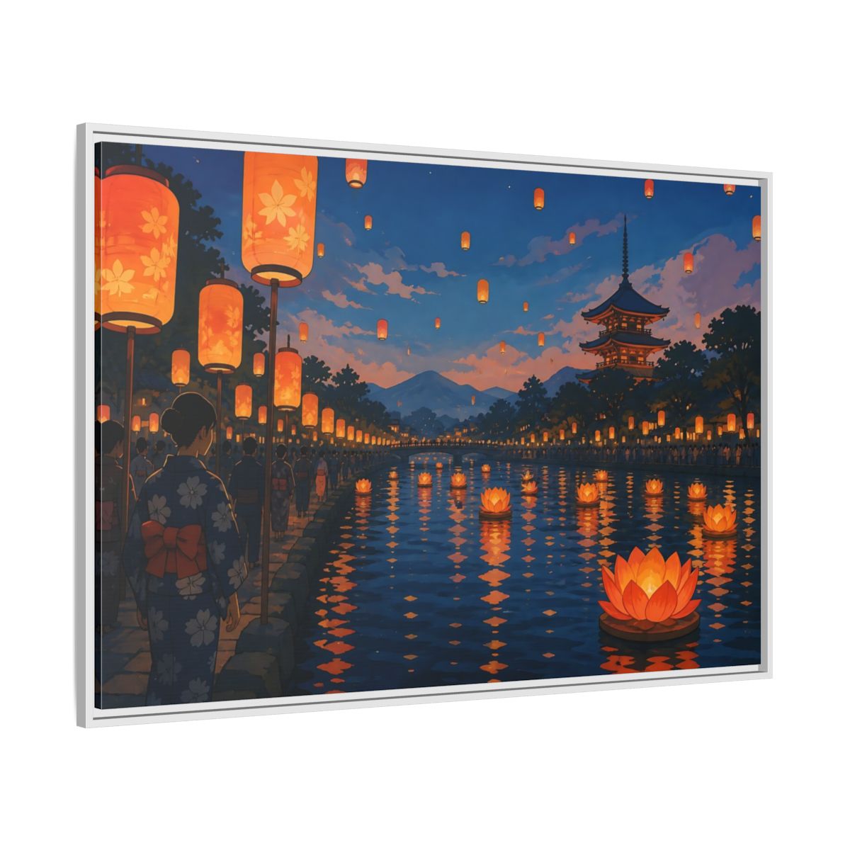 Side Mockup 7. Riverside Lantern Festival shown as framed canvas print