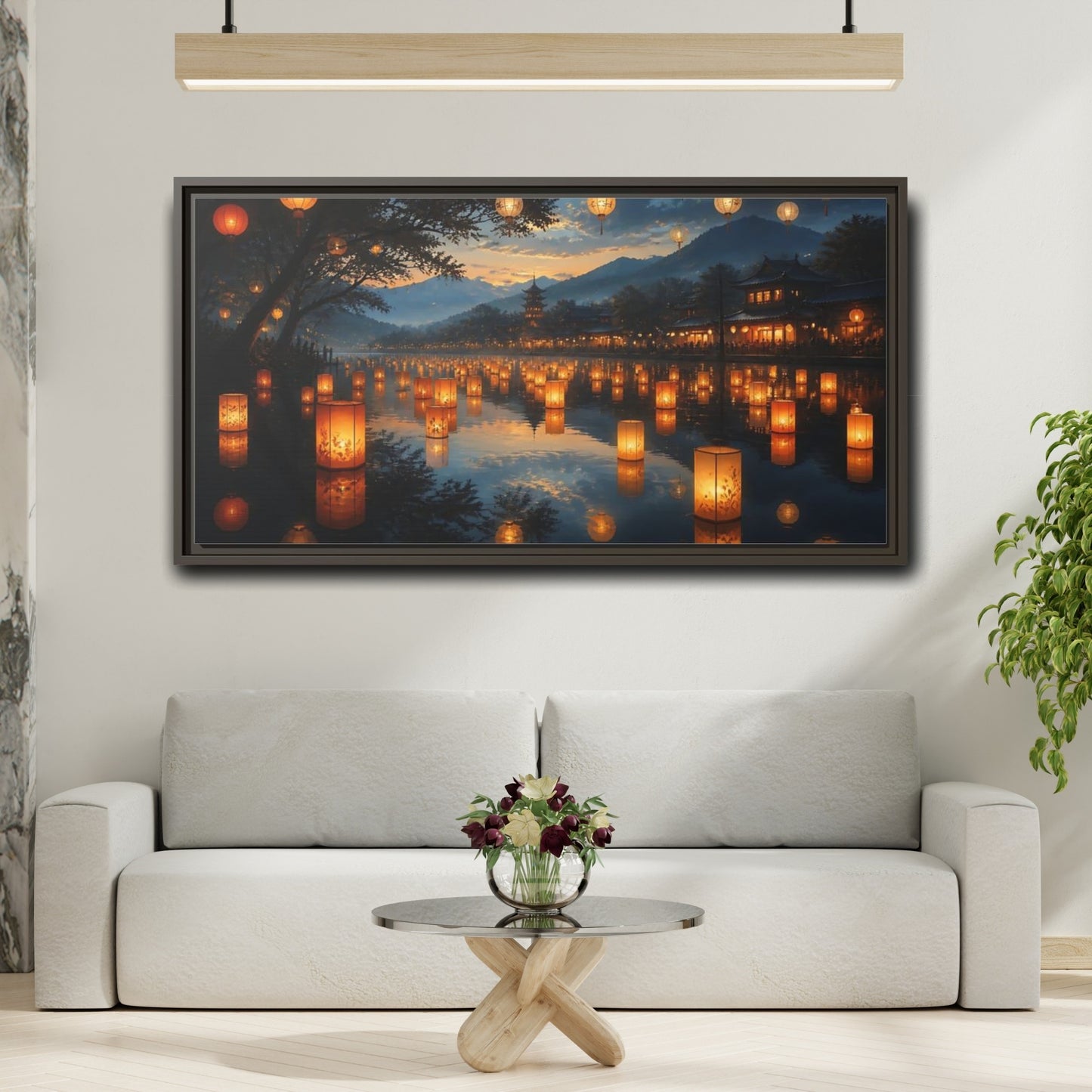 Mockup 2. Riverside Lantern Festival shown as framed canvas print