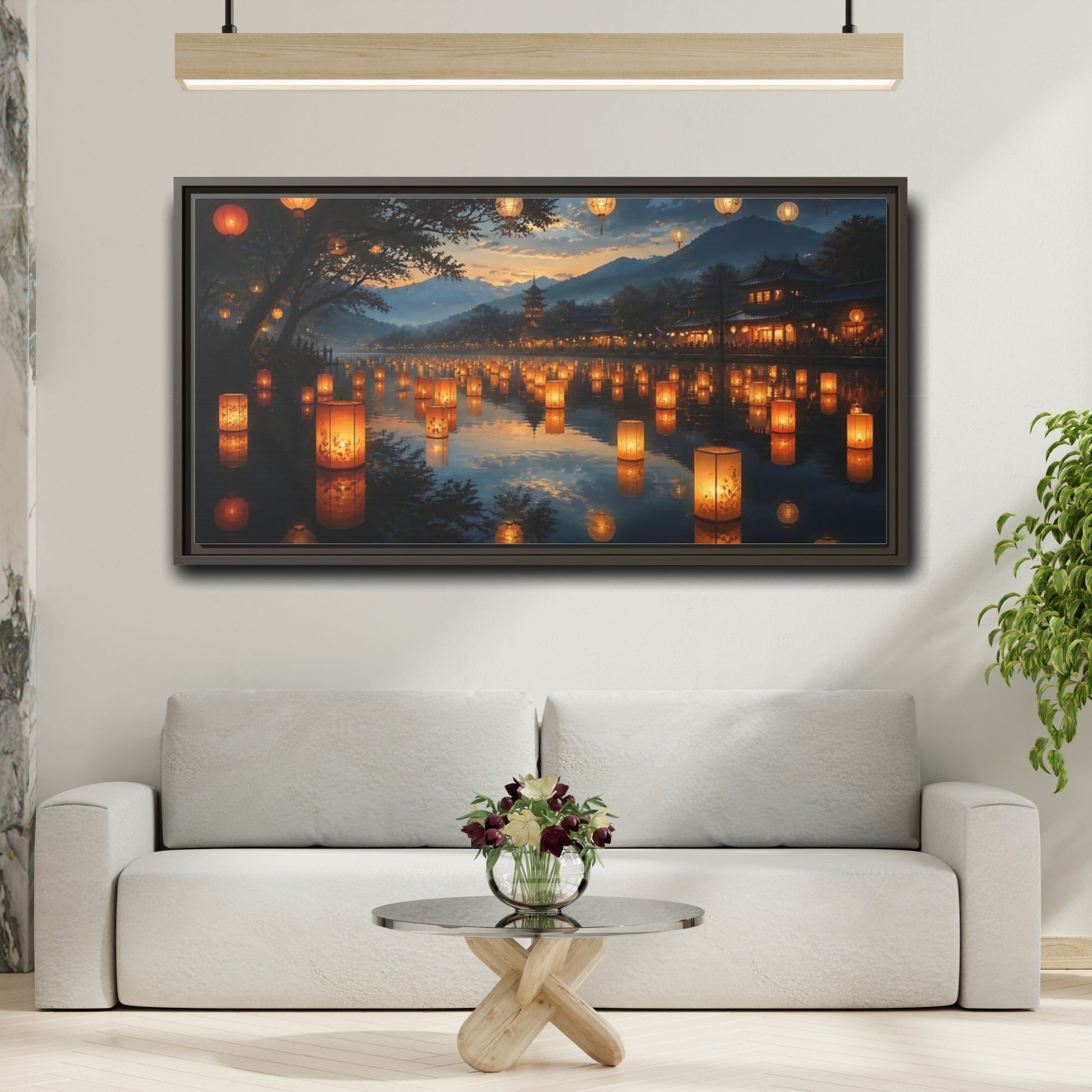 Mockup 2. Riverside Lantern Festival shown as framed canvas print