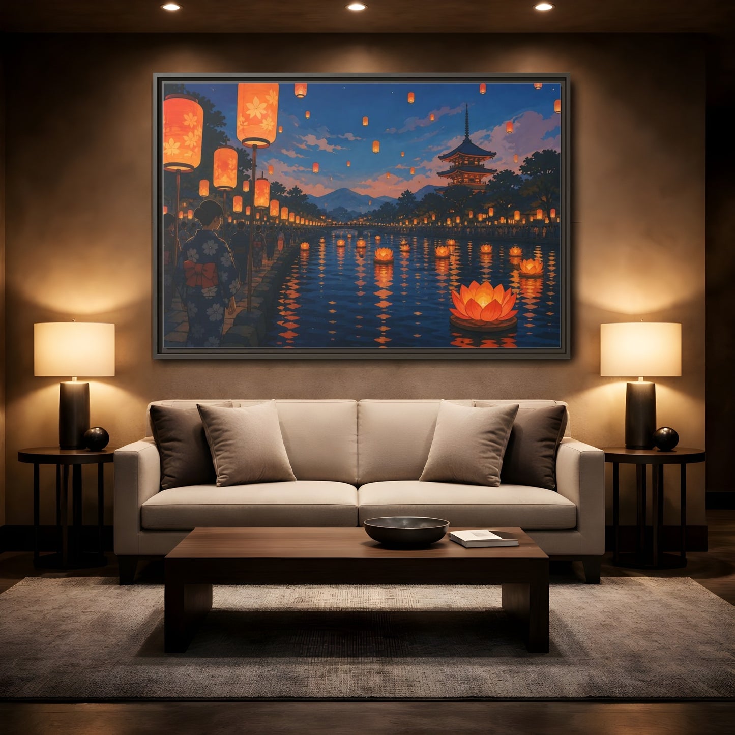 Mockup 2. Riverside Lantern Festival shown as framed canvas print