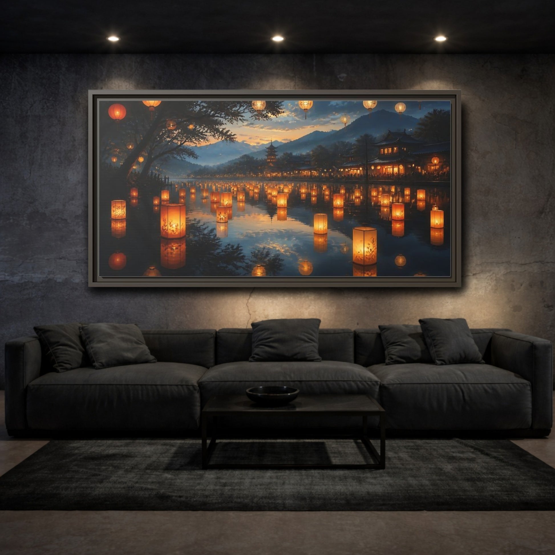 Mockup 3. Riverside Lantern Festival shown as framed canvas print