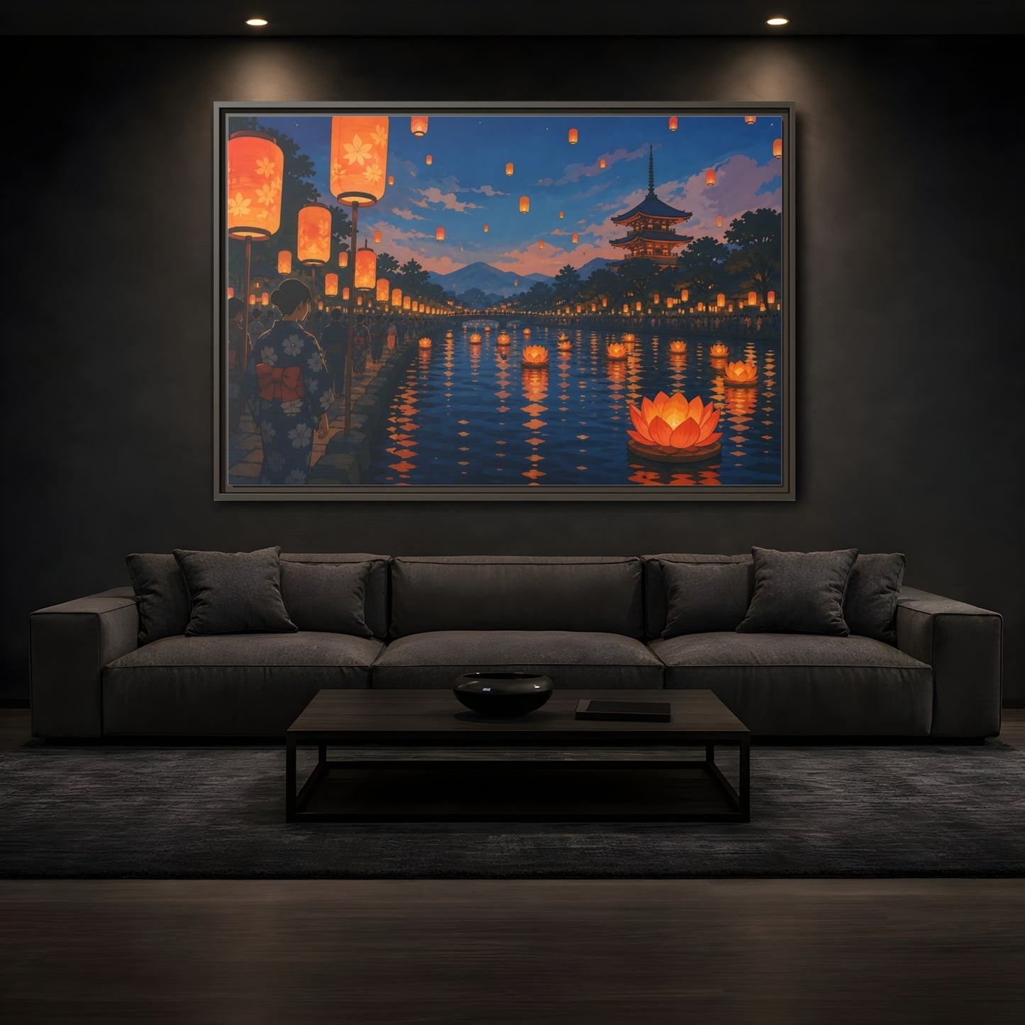 Mockup 3. Riverside Lantern Festival shown as framed canvas print