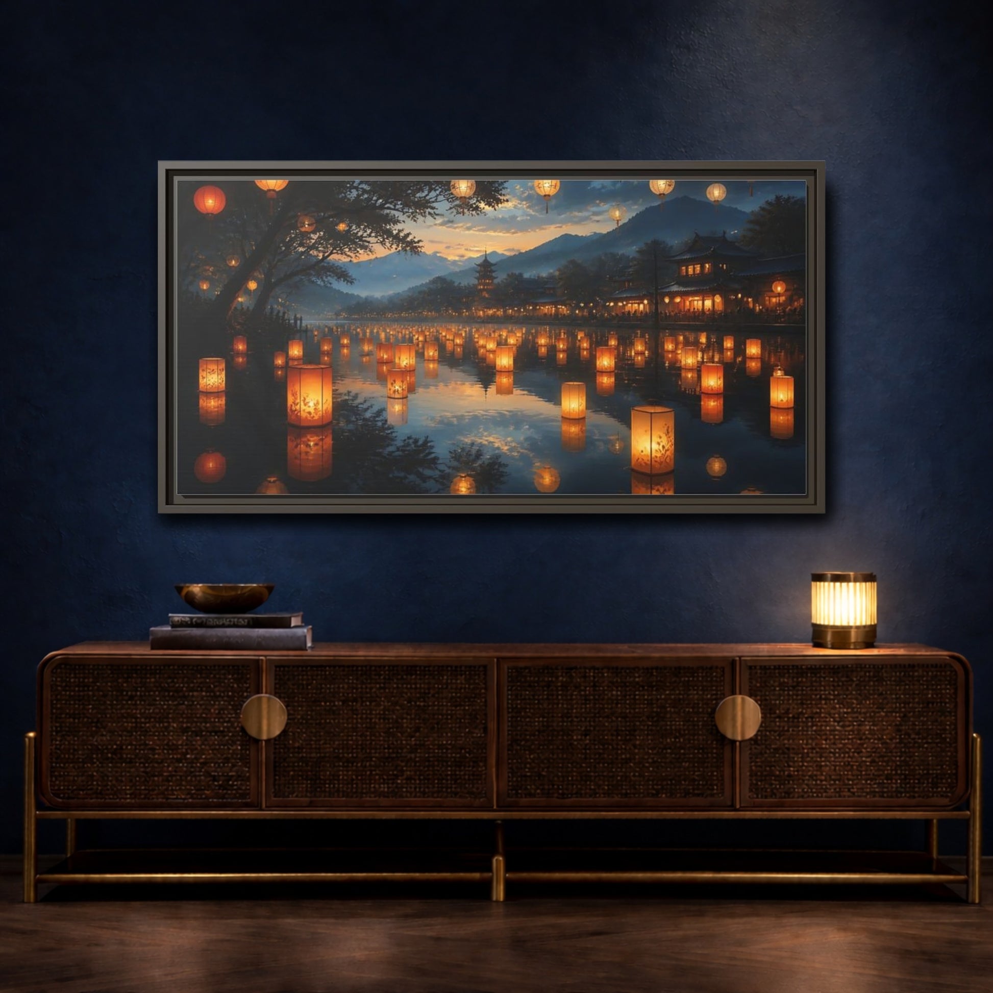 Mockup 4. Riverside Lantern Festival shown as framed canvas print