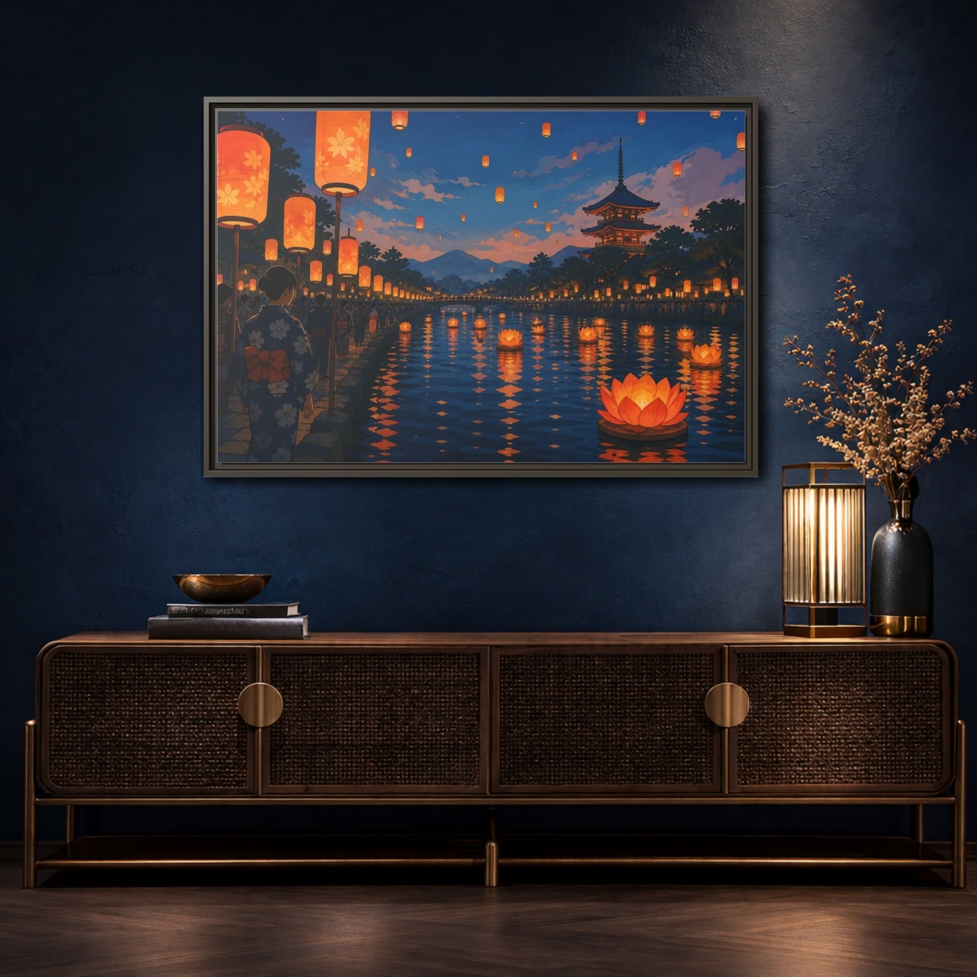 Mockup 4. Riverside Lantern Festival shown as framed canvas print