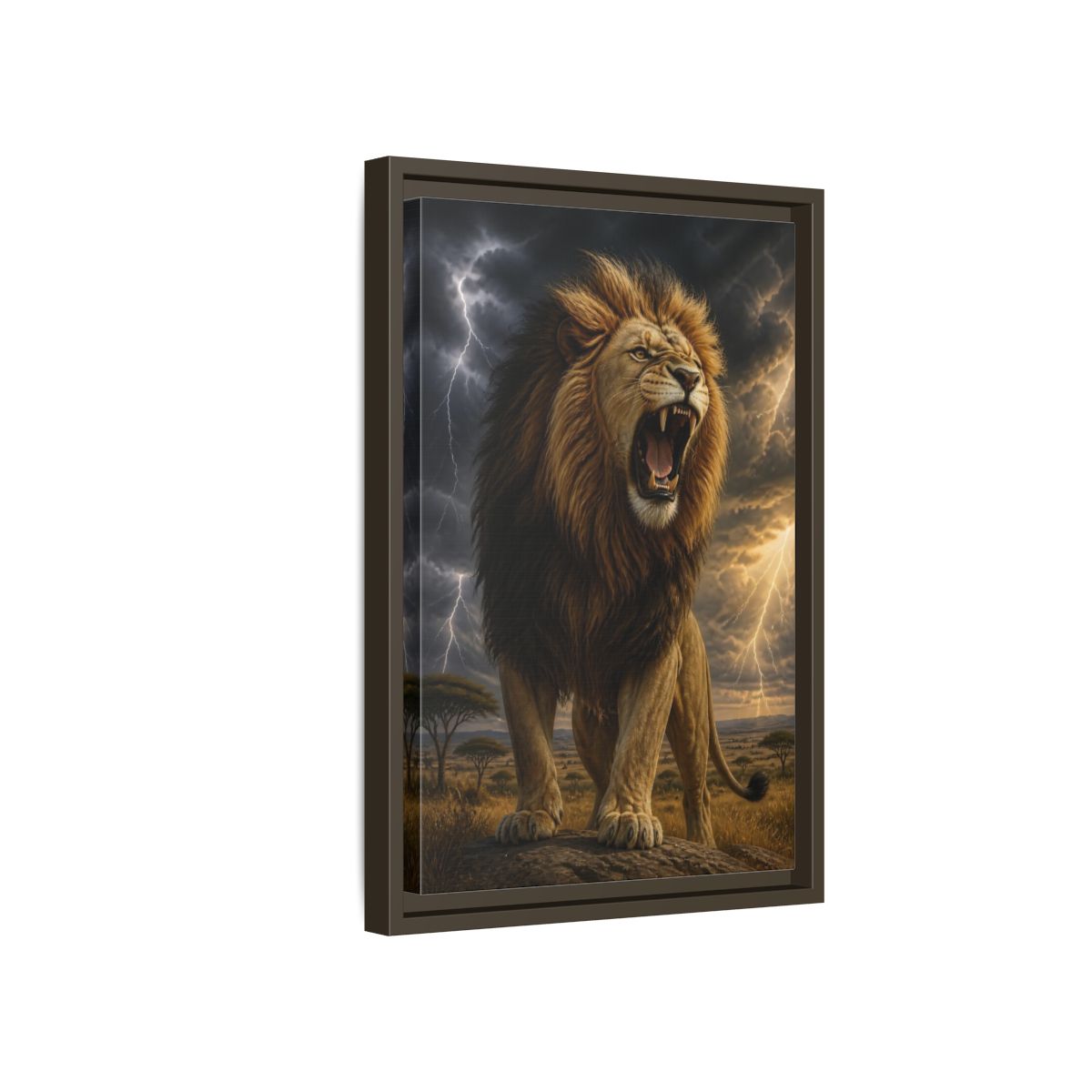 Side Mockup 5. Roaring Lion Animals shown as framed canvas print