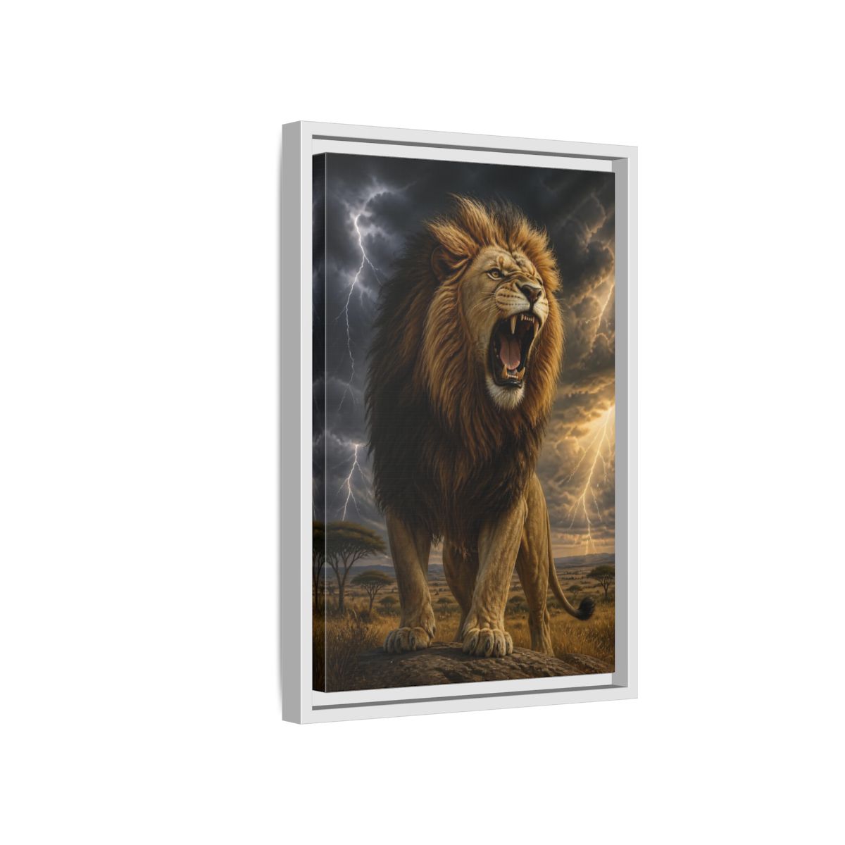 Side Mockup 4. Roaring Lion Animals shown as framed canvas print