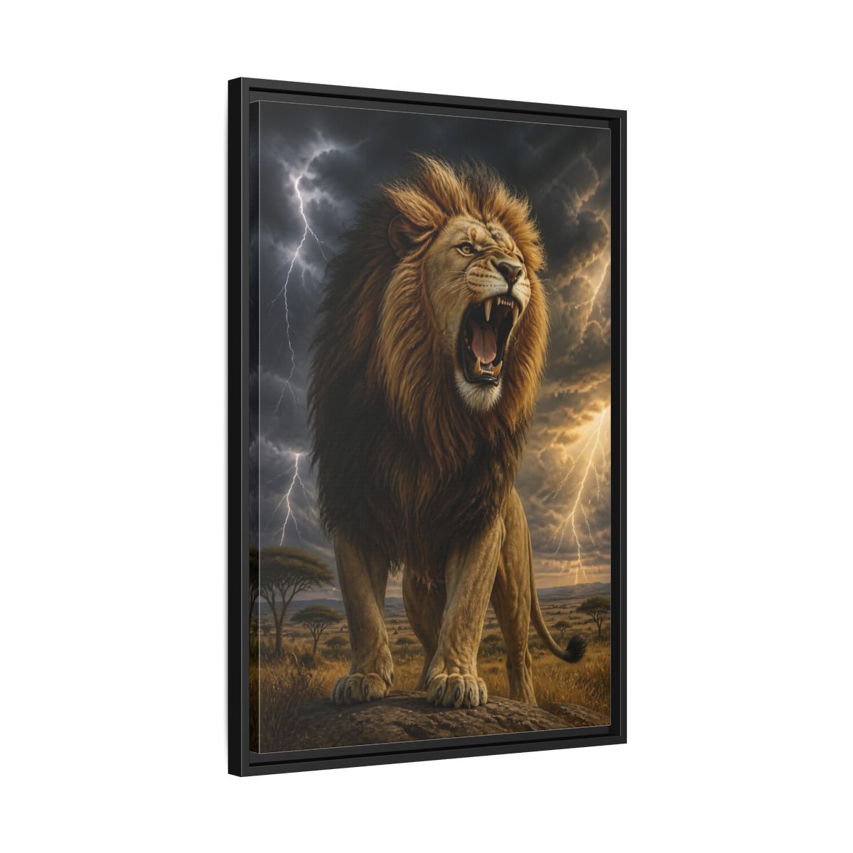 Side Mockup 14. Roaring Lion Animals shown as framed canvas print