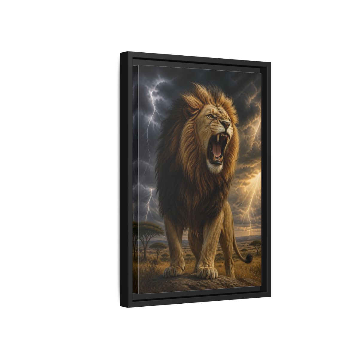 Side Mockup 6. Roaring Lion Animals shown as framed canvas print