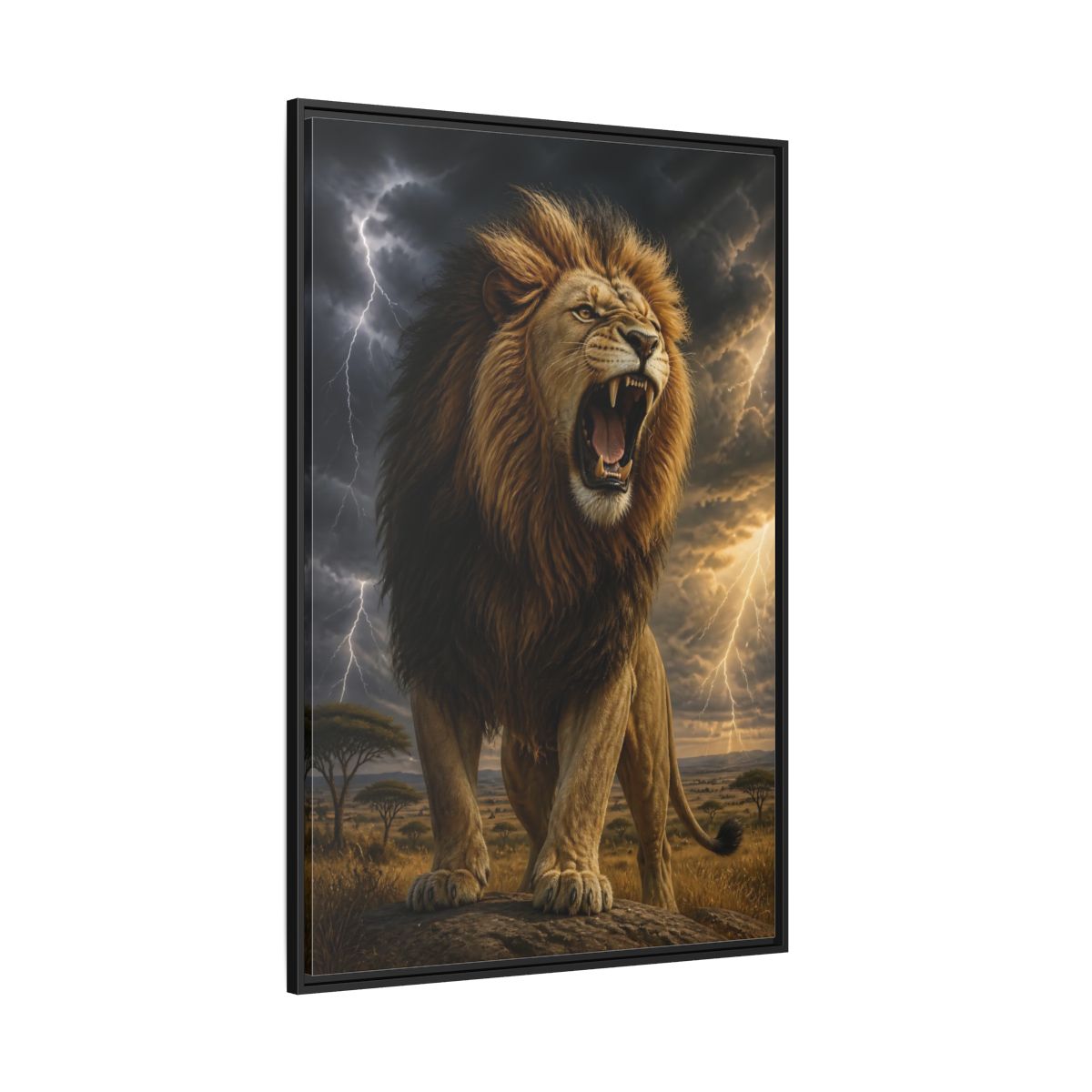 Side Mockup 12. Roaring Lion Animals shown as framed canvas print
