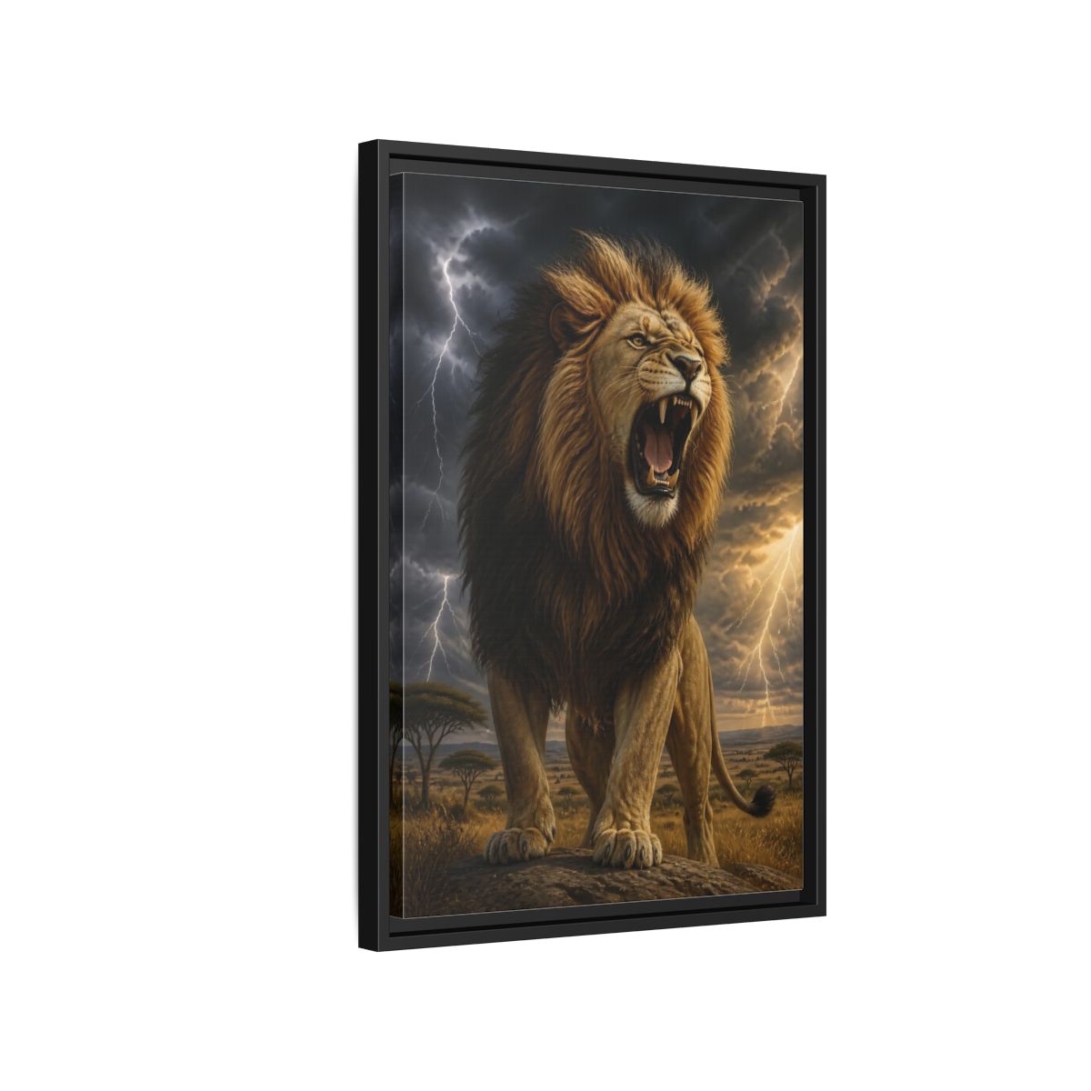 Side Mockup 3. Roaring Lion Animals shown as framed canvas print