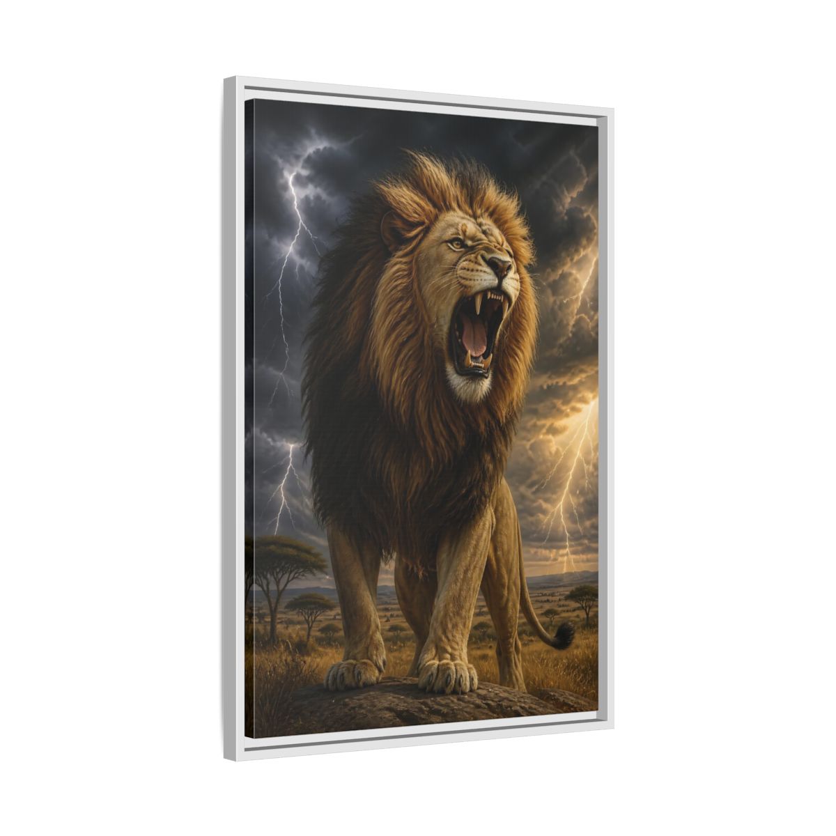 Side Mockup 10. Roaring Lion Animals shown as framed canvas print