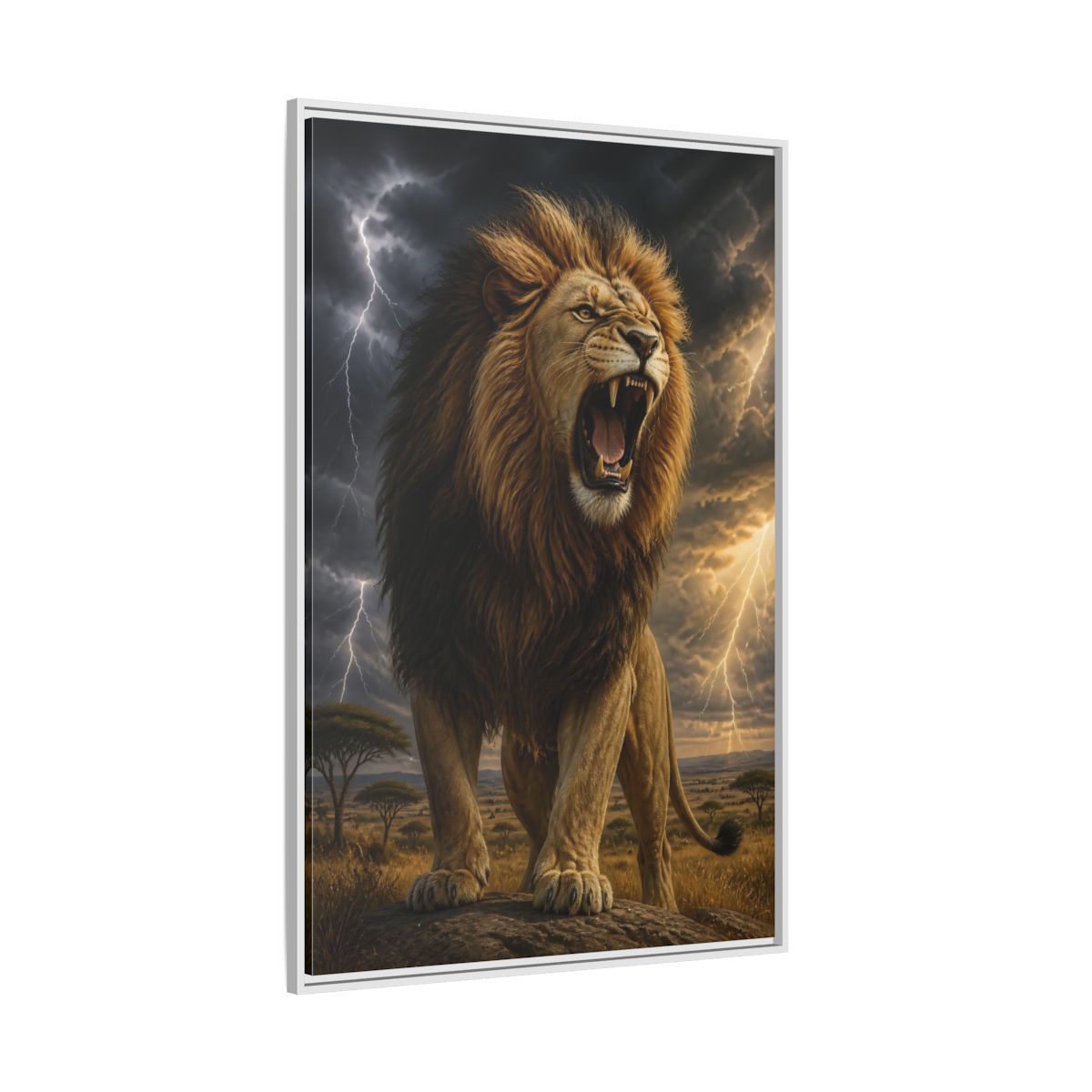 Side Mockup 7. Roaring Lion Animals shown as framed canvas print