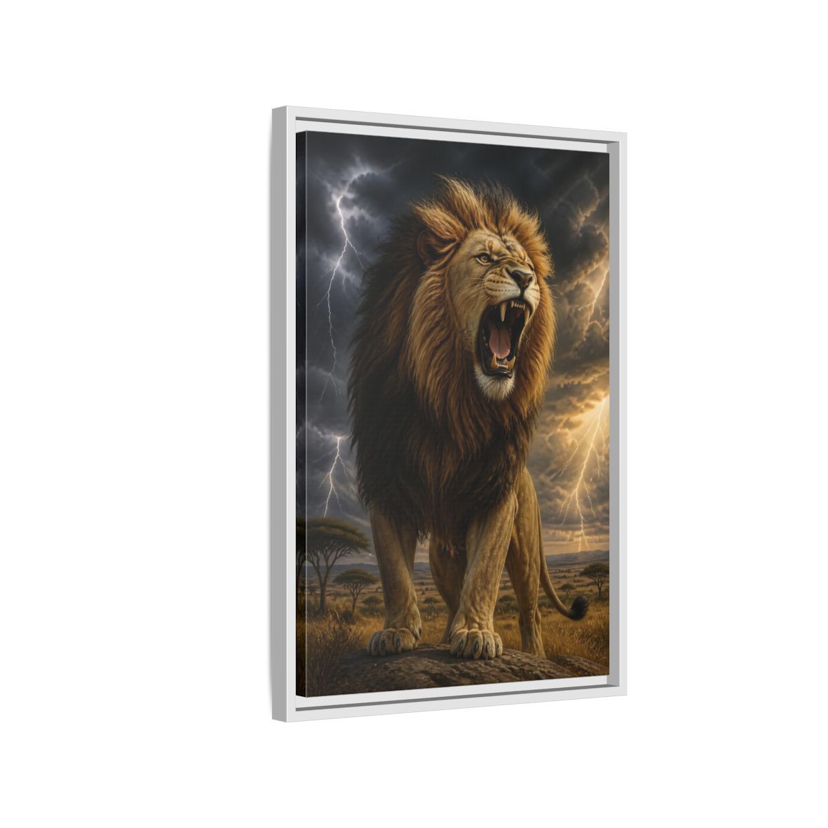 Side Mockup 1. Roaring Lion Animals shown as framed canvas print
