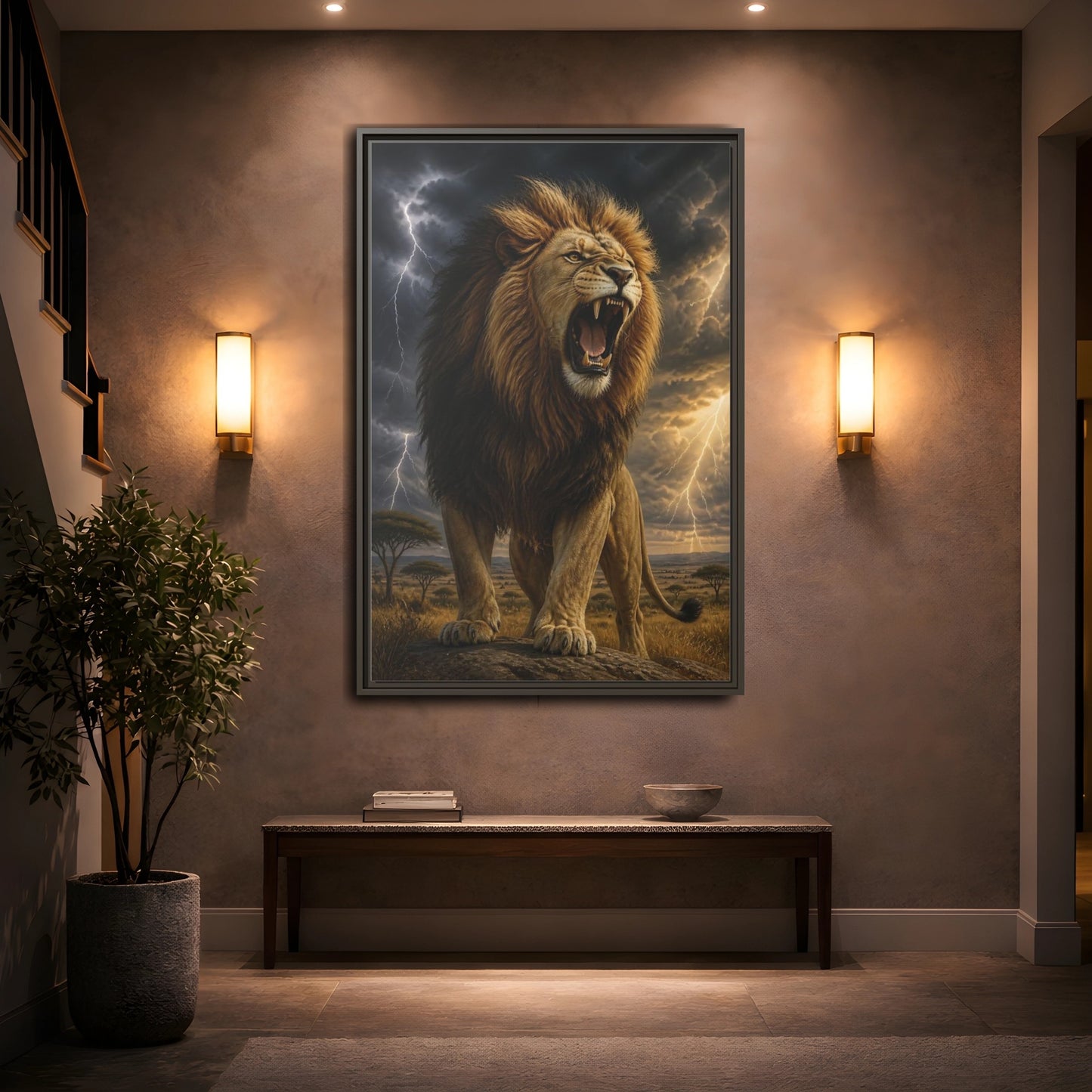 Mockup 2. Roaring Lion Animals shown as framed canvas print