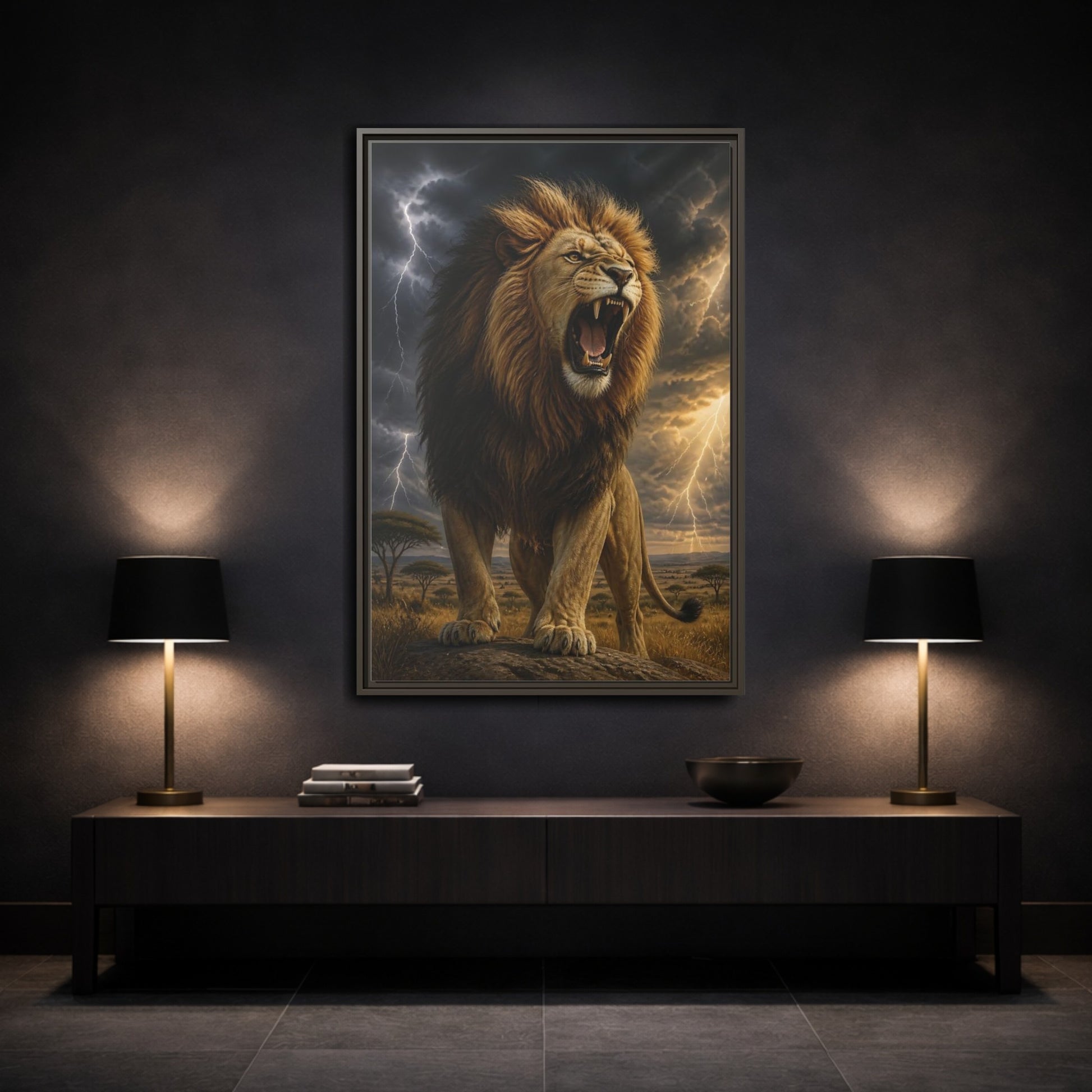 Mockup 3. Roaring Lion Animals shown as framed canvas print