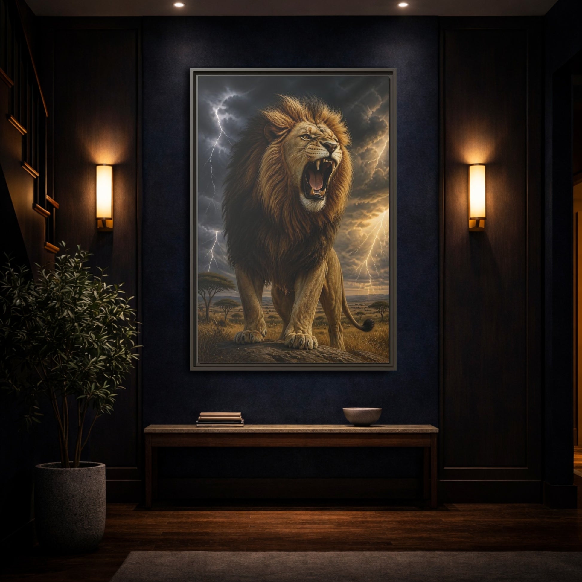 Mockup 4. Roaring Lion Animals shown as framed canvas print