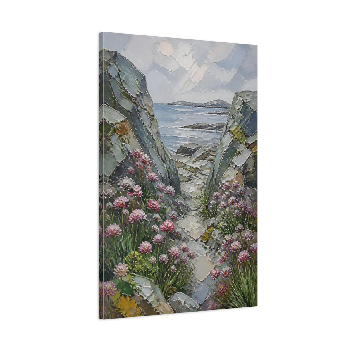 Main Mockup. Rocky Seascape With Flowers shown as canvas print