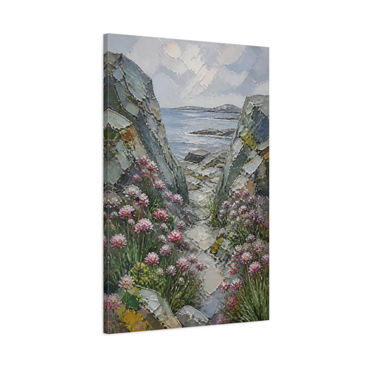 Main Mockup. Rocky Seascape With Flowers shown as canvas print