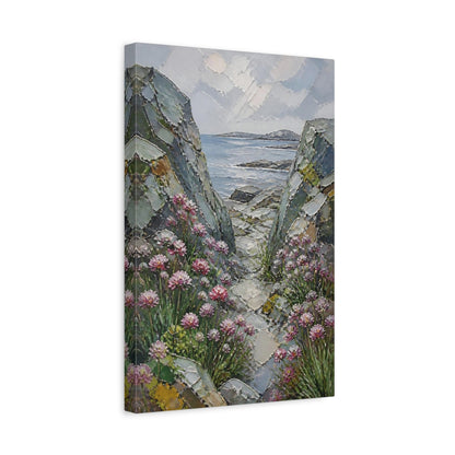 Side Mockup 4. Rocky Seascape With Flowers shown as canvas print