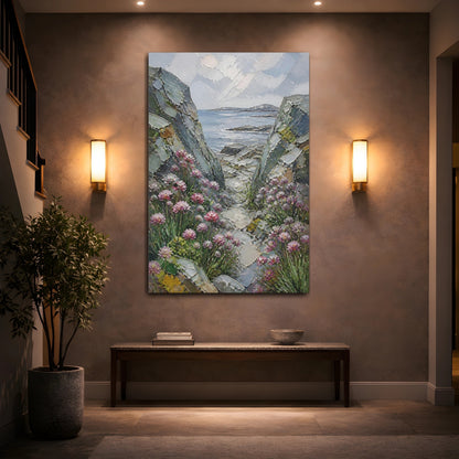 Mockup 2. Rocky Seascape With Flowers shown as canvas print