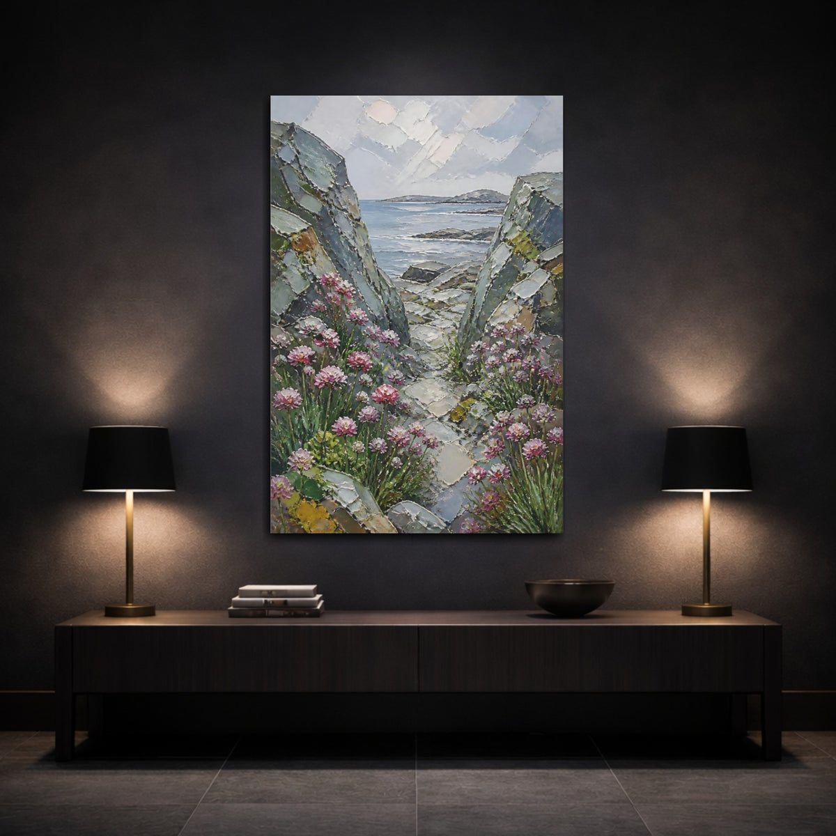 Mockup 3. Rocky Seascape With Flowers shown as canvas print