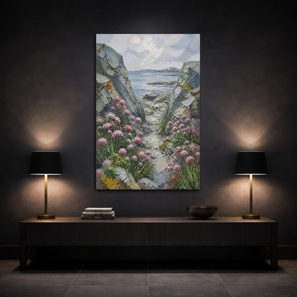Mockup 3. Rocky Seascape With Flowers shown as canvas print